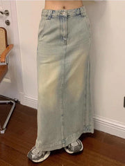 JazzHer-Old Washing Long Denim Skirt Women Vintage Streetwear High Waist Split Korean Fashion Maxi Jean Skirt Spring Casual