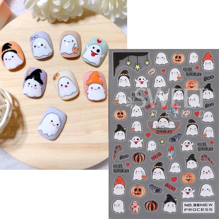 JazzHer 3D Halloween Ghost Skull Nail Art Stickers Cute Pumpkin Spider Web Design Adhesive Cartoon Nail Decals Sliders Decor Manicure