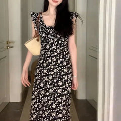 JazzHer Korean Style Hot Girl Floral Kawaii Dress Elegant Tighten The Waist 2024 Spring Summer New Dress Vintage Women Lovely Dress