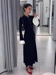 JazzHer Flare Sleeve Splice Knitted Long Dress For Women Casual High Waist Button Lapel Sweater Dress Elegant Autumn Party Dress