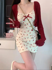 JazzHer Sweet 2 Piece Dress Set Woman Red Long Sleeve Cardigan + Strap Floral Y2k Mini Dress Party Korean Fashion Suit 2024 Autumn Chic