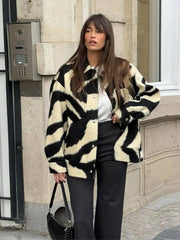 JazzHer Women Fashion Blocking Zebra Print Jacket Chic Lapel Snap Button Long Sleeves Loose Coat 2024 Autumn Female Warm Streetwear