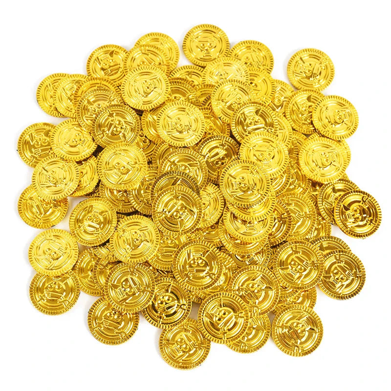 JazzHer 50/100Pcs Pirate Gold Coins Kids Pirate Birthday Party Decoration Favors Gift Halloween Cosplay Props Supply Fake Coin Treasure