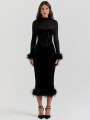 JazzHer Elegant Feather Sexy Midi Dress For Women Black Fashion Sheer Long Sleeve Backless Bodycon Club Party Long Dress