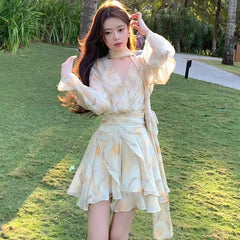 JazzHer 2024 New Holiday Dress Women Summer Long Sleeve V-Neck Bubble Sleeve Chiffon Beach Printed Dress Irregular Fairy Dress Boho