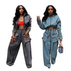 JazzHer Denim Jacket Two Piece Sets Women 2024 Autumn Streetwear Ensemble Turtleneck Coat Pockets Wide Leg Pants Suit Casual Outfits