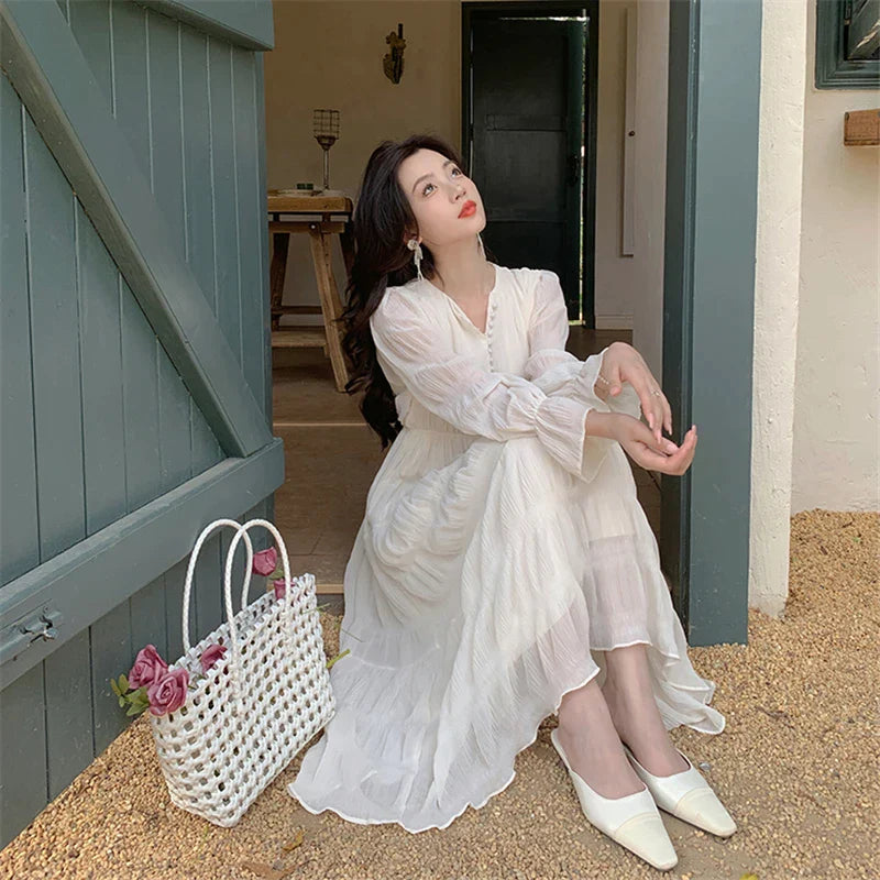 JazzHer-Elegant Chic Women White Midi Dress for Autumn 2024 New Chiffon Puff Long Sleeve V-neck Casual Office Lady Cute Fairy Dress