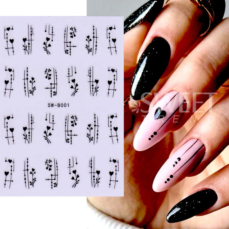 JazzHer 3D Nail Stickers Black Heart Love Self-Adhesive Slider Letters Nails Art Valentine's Day Decals Manicure Accessories Decorations