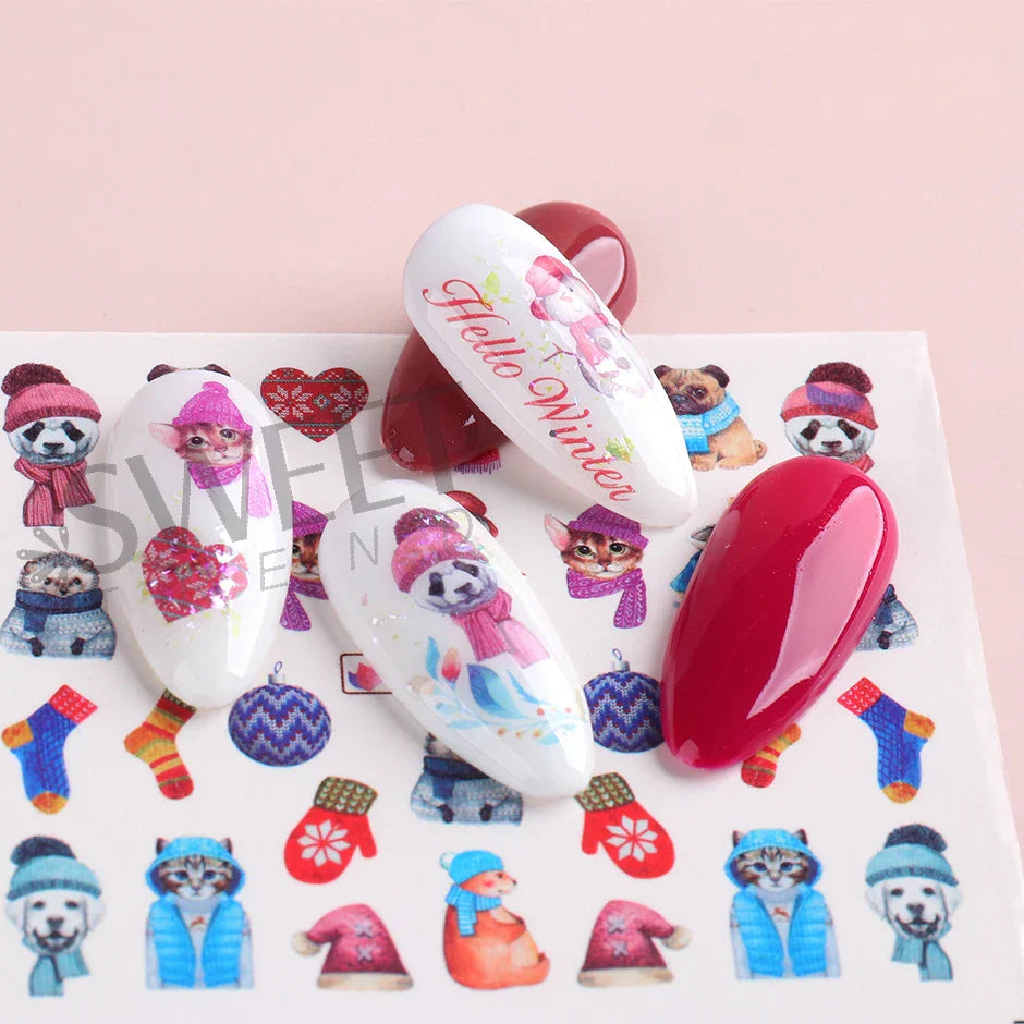 JazzHer 12pcs Cute Sweater Penguin Nail Water Decals Cartoon Cat Bunny Design Transfer Sliders Winter New Year DIY Decoration Wraps LYBN