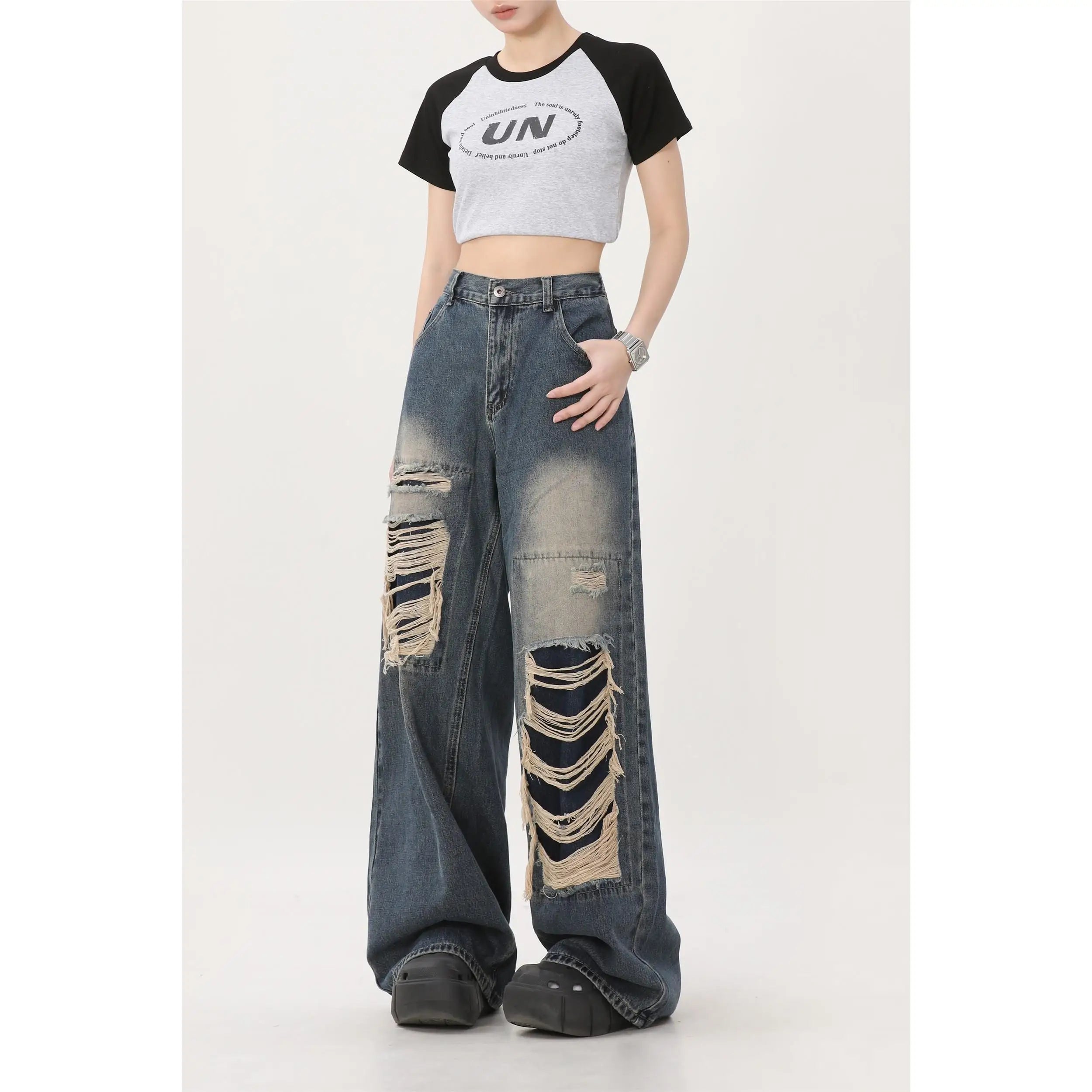 JazzHer Y2K Korean retro hole repair jeans mens and womens 2023 new American style high street loose straight wide leg mopping trousers