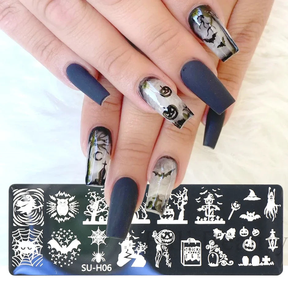 JazzHer Cartoon Halloween Nail Art Stamping Plates Anime Skull Ghost Pumpkin Image Festival Design DIY Polish Stencil Templates LYSUH1-6