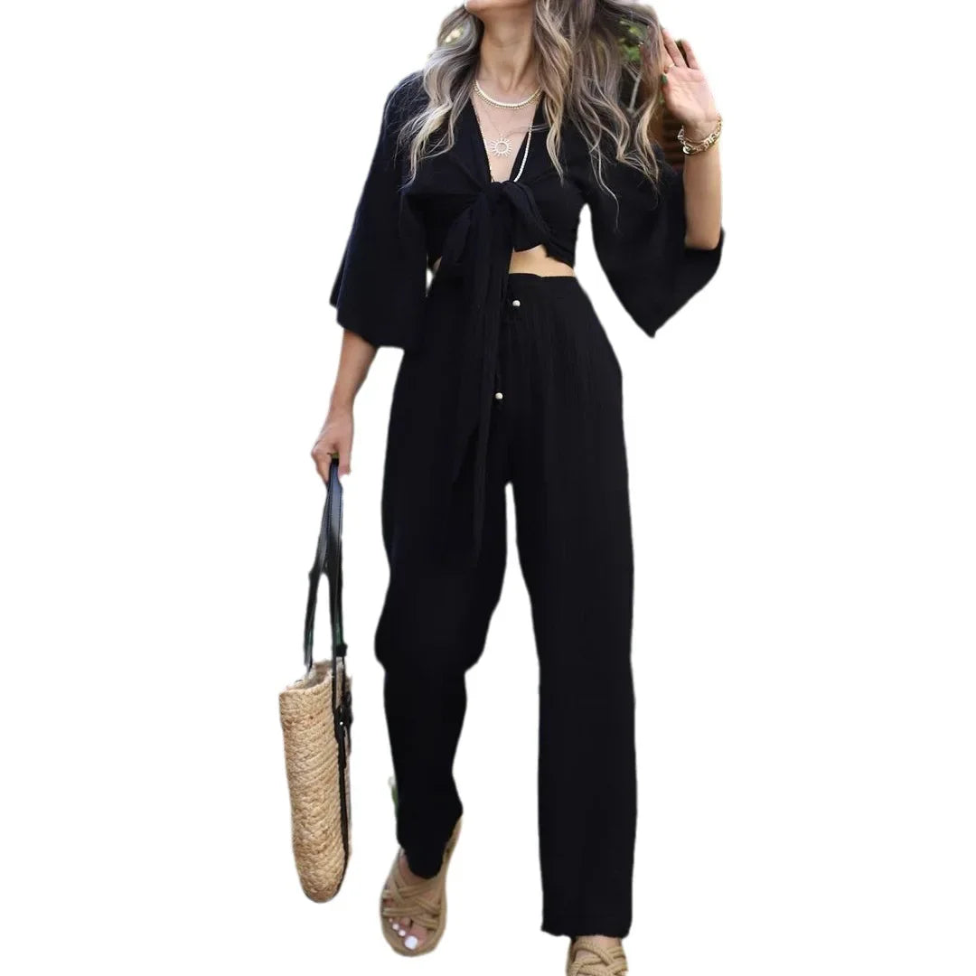 JazzHer Women Two Piece Pant Sets Summer Long Sleeve V Neck Lace Up Shirt Elastic Waist Trousers Suits Loose Holiday Sporty Outfits