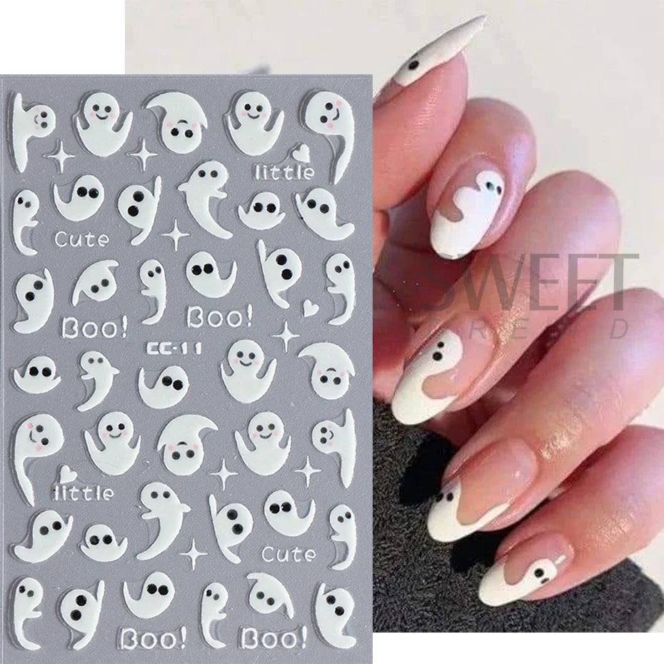 JazzHer 3D Luminous Halloween Ghost Nail Art Stickers Spider Web Bat Self-adhesive Sliders Nail Glowing in the Dark Manicure Decoration