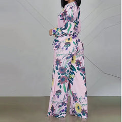 JazzHer Print Shirt Wide Leg Pants Two Piece Set Women Outfit V Neck Short Puff Sleeve Top Pants Suit Office Lady Elegant 2024 New