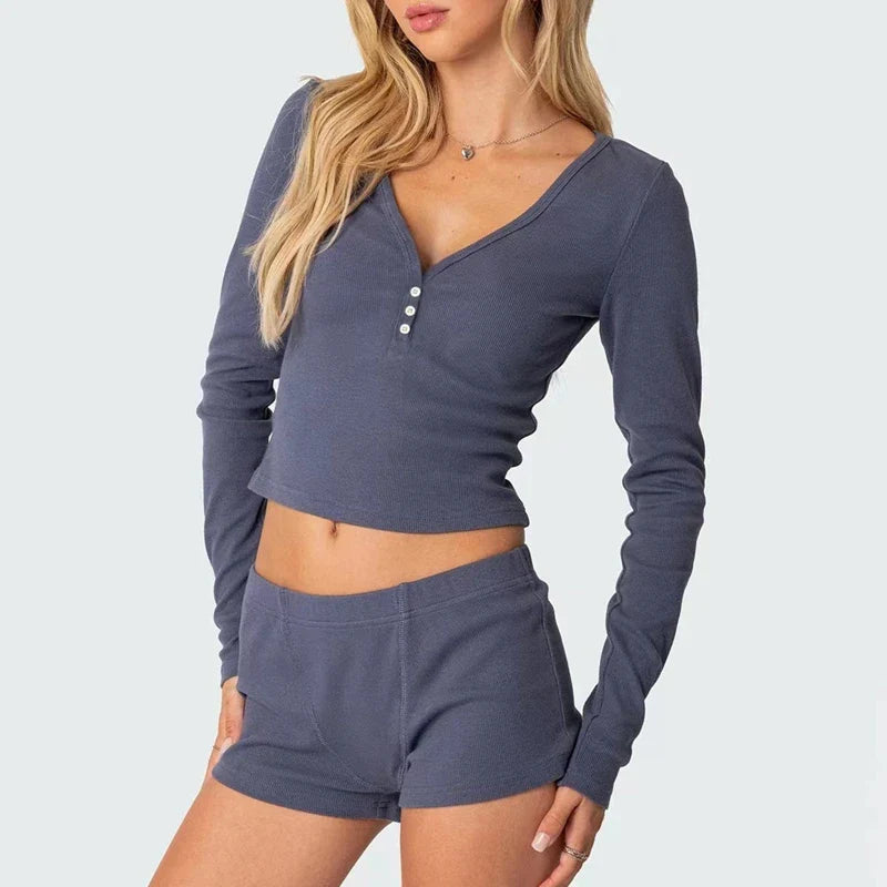 JazzHer Solid Color Ribbed V-Neck Long Sleeve Crop Tops T-shirt and Shorts Sleepwear Outfits Women Pajamas Set 2 Pieces Loungewear Suits