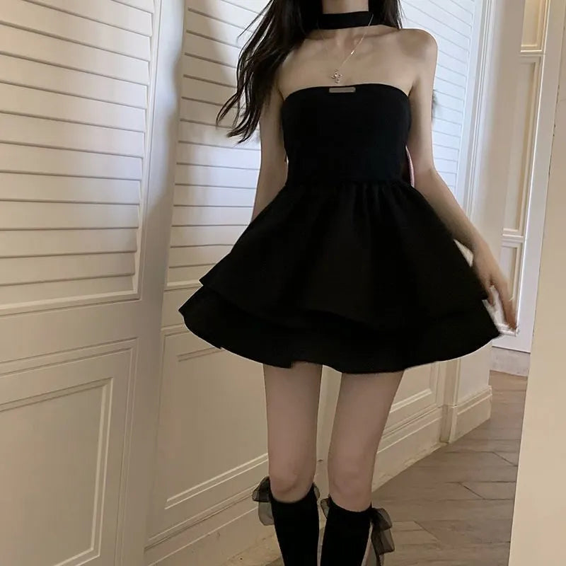 JazzHer-Summer Black Strap Kawaii Dress Women Casual Bow Sweet Party Mini Dress Female Casual Korean Fashion Elegant Cute Dress 2024