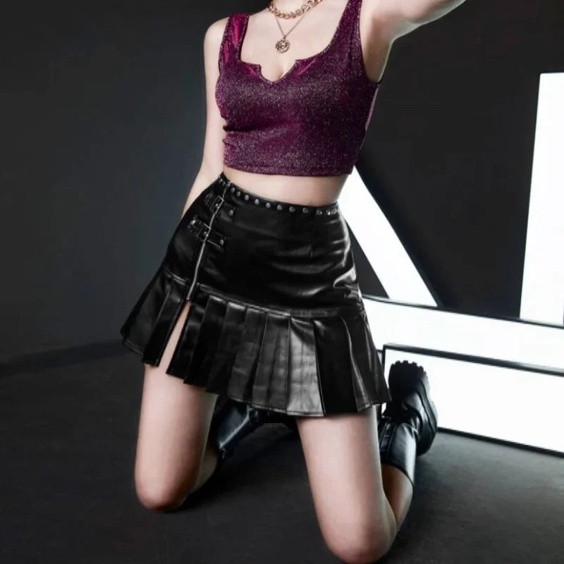 JazzHer-Punk Leather Skirt Women Y2k Streetwear Low Waist A-line Split Rivet Zipper Sexy Pleated Mini Skirt Summer Night Club