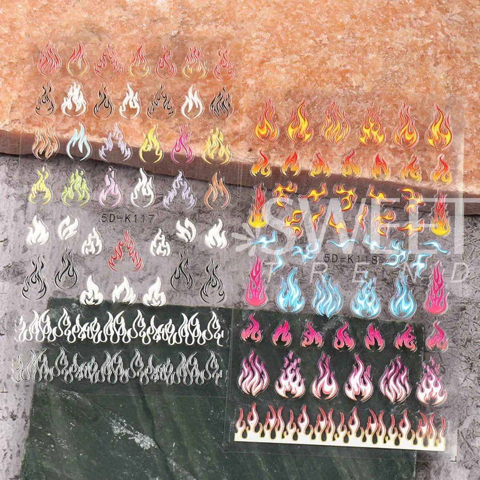 JazzHer 5D Winter Fire Flame Nail Textured Sticker Acrylic Gradient Design Torch Engraved Adhesive Slider Manicure Decor Decal LY5D-K117