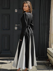 JazzHer Elegant Contrasting Color Long Dress For Women Lace Up Long Sleeve Slim Party Dresses Female Patchwork Outfit 2024 Autumn