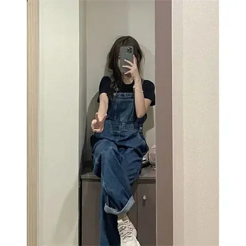 JazzHer Women Jeans Washing Solid Overalls Jumpsuits Denim One Piece Loose Fit Ankle Length Straight Elegant Pants Basics Pockets 2024