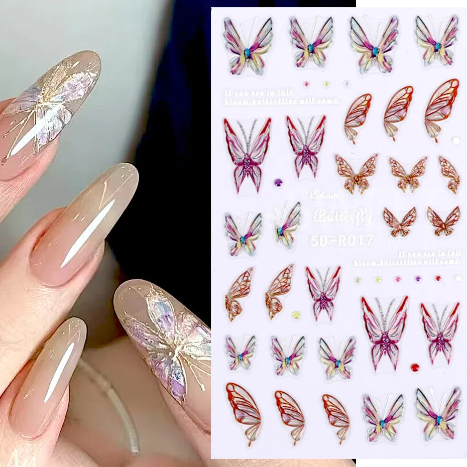 JazzHer 1 Sheet Blue Butterfly 5D Nail Stickers Jewelry Holographic Colorful Letter Self Adhesive DIY Sliders Decal Manicure Decorations