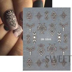 JazzHer Acrylic Filigree Lace 5D Nail Embossed Stickers Textured Flowers Design Classic Line Brown Star Moon Decal Manicure Decor LYSW5D