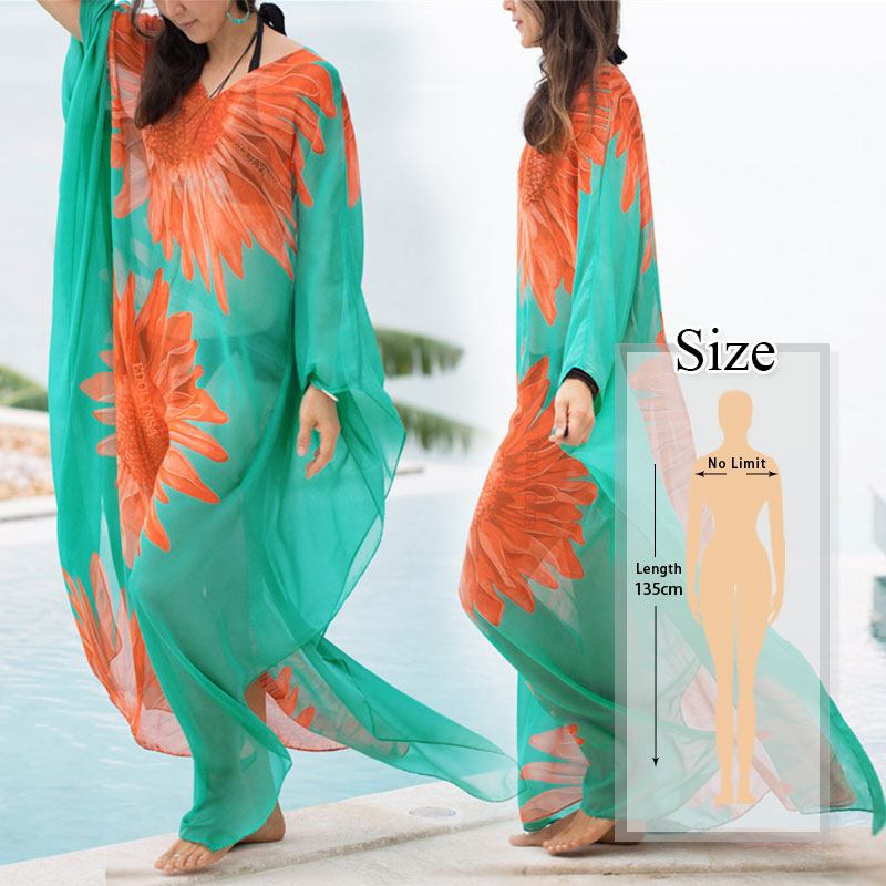 JazzHer Saida De Praia Fashion Beach Kimono Dress Women Beachwear Multicolored Bohemian Tropical Printed Ankle Length Pareo Dress Q600