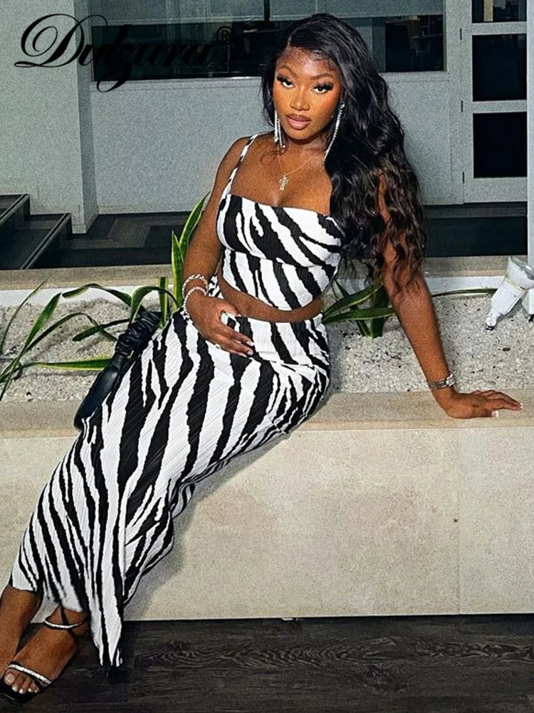 JazzHer Women Sexy Ribbed Y2K Clothes Zebra Print 2 Pieces Sleeveless Backless Crop Tops Bodycon Maxi Skirt Matching Set Club