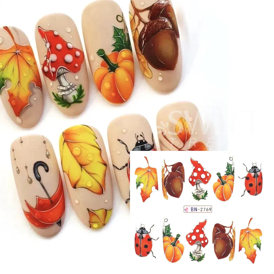 JazzHer 12pcs Autumn Ladybug Nail Water Decals Halloween Pumpkin Adhesive Nail Supplies Manicure Stickers Sliders For Nails Decoration