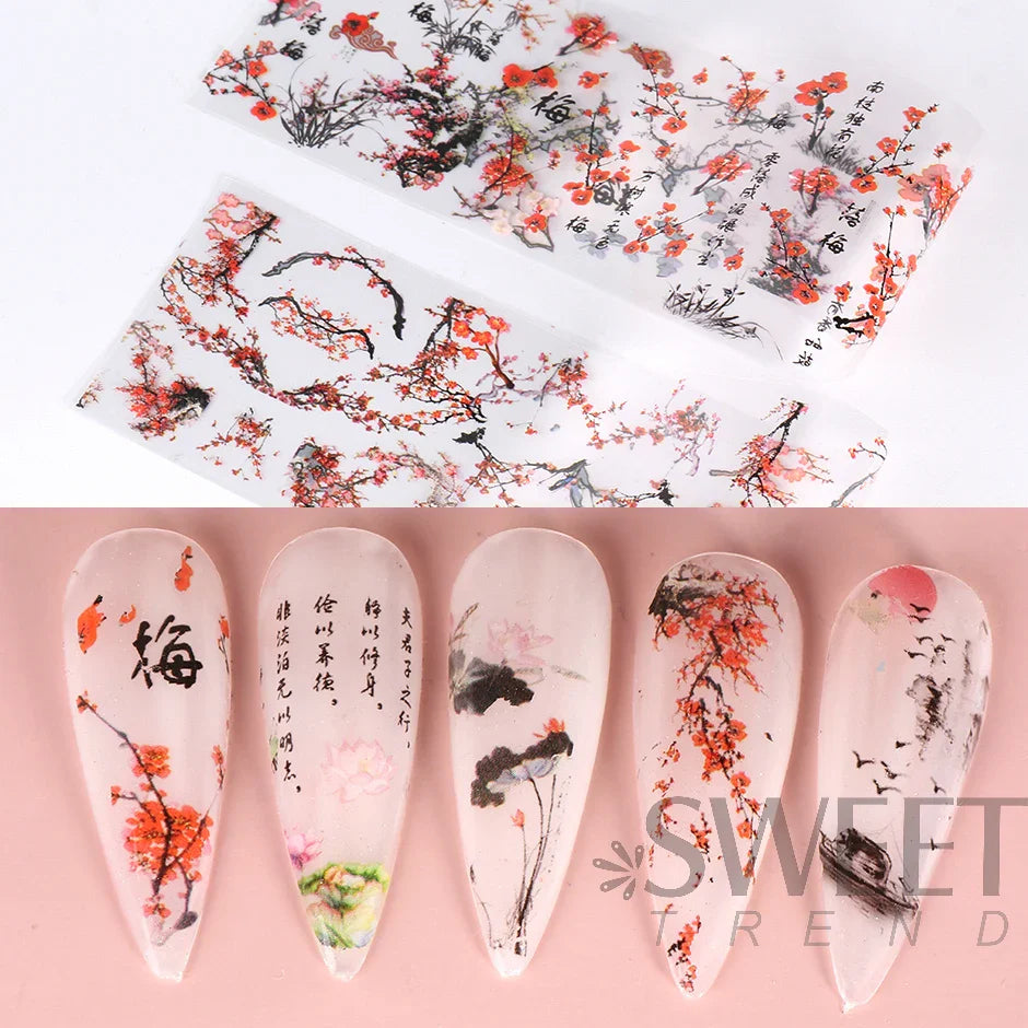 JazzHer 10pcs Chinese Style Nail Art Foils Ink Painting Characters Cloud Crane Design Transfer Sliders New Year DIY Decor Stickers DXK12