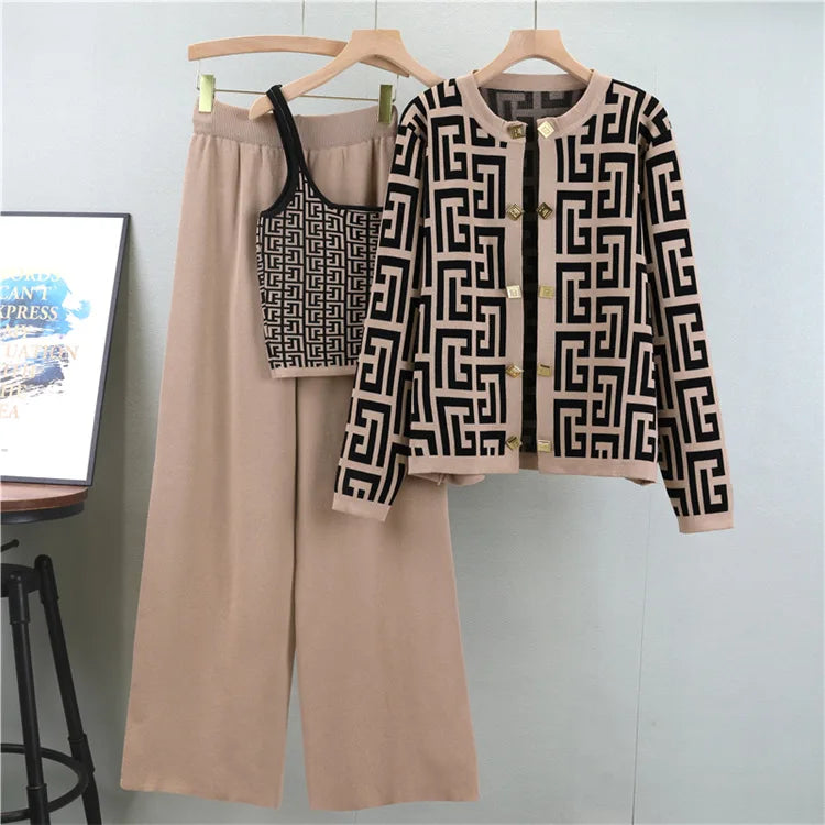 JazzHer 3 Piece Set Women Knitting Camisole Print Cardigan Button Round Collar Coat Wide Leg Pants Suit Autumn Winter Knit Tracksuit