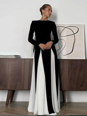 JazzHer Elegant Black White Patchwork Maxi Dresses Women Fashion O-neck Long Sleeves Slim Dress New Female Evening Party Robes