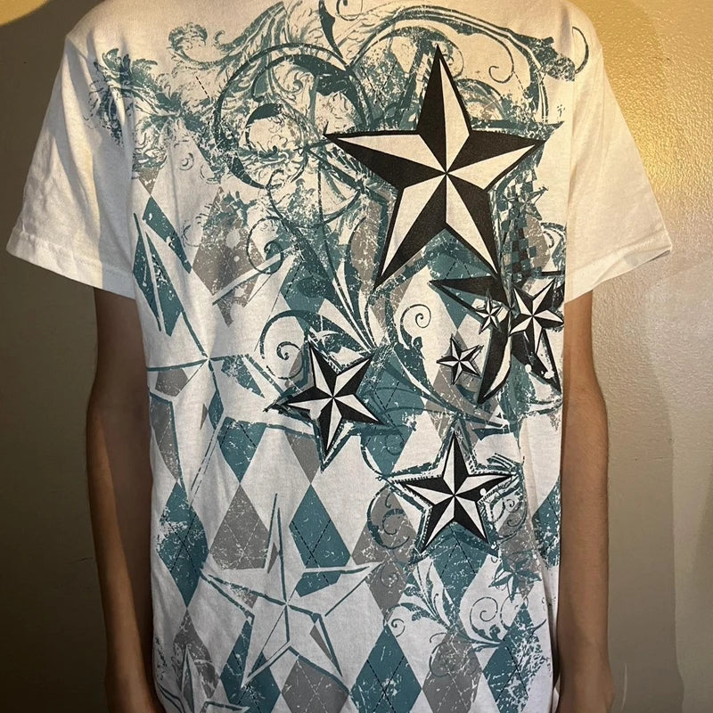 JazzHer 00s Vintage Star Graphic Loose Tops Y2K Emo T Shirt Punk Goth Harajuku Cyber Grunge Retro Short Sleeve Clothes Women Men's Tee