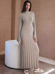 JazzHer Fall Winter New Knitted Dress Female Casual Big Striped High Collar Sweater Long Dress Elegant Flare Sleeve Party Dresses