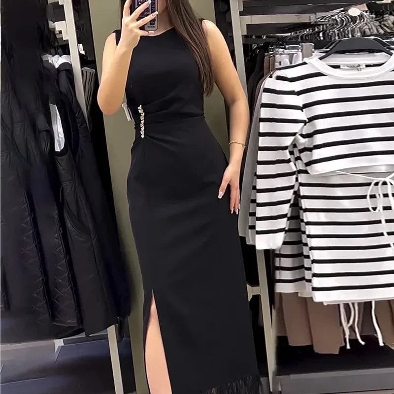 JazzHer Dress Women Sexy Tassel Long Dress Sleeveless Slim Fit Wrap Hip Round Neck Elegant Splice Sheath Vestidos Solid Summer