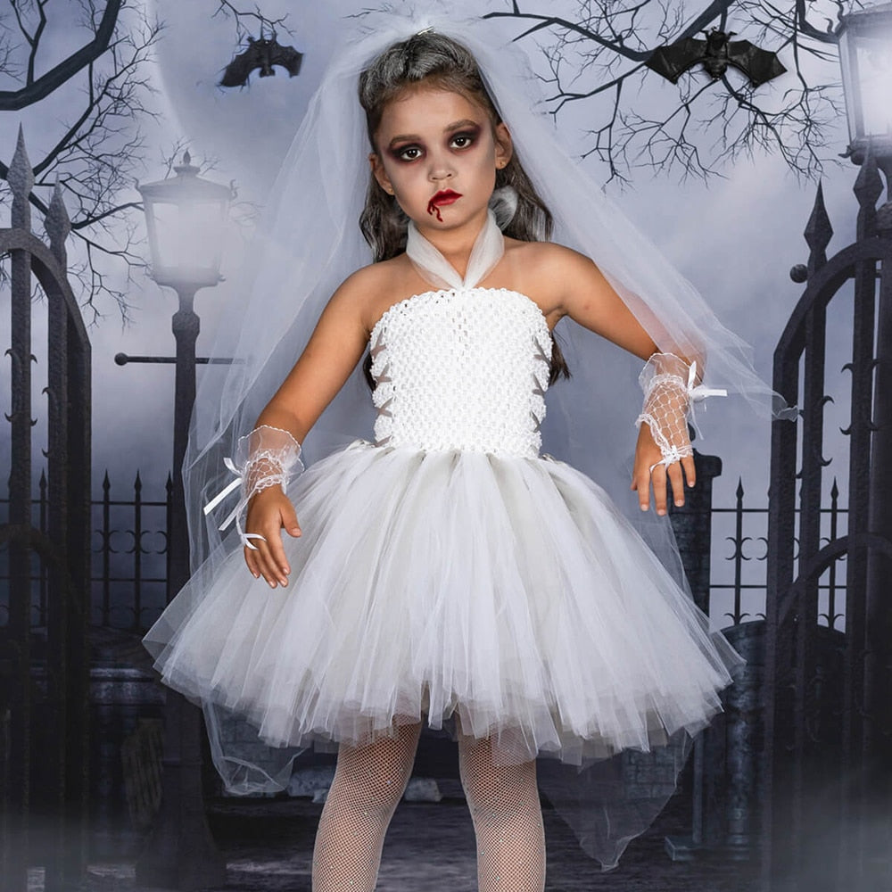 JazzHer Halloween Awakecrm Ghost Bride Girls Halloween Costume Tutu Dress With Gloves Veil Teen Girls Cosplay Costume Fancy Dress Up Kids Party Dresses