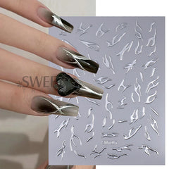 JazzHer Metallic Silver Line Nail Manicure Stickers Metal Chrome Stripe Vine Flame Adhesive Decals Tape Swirl French Sliders Decor Foils