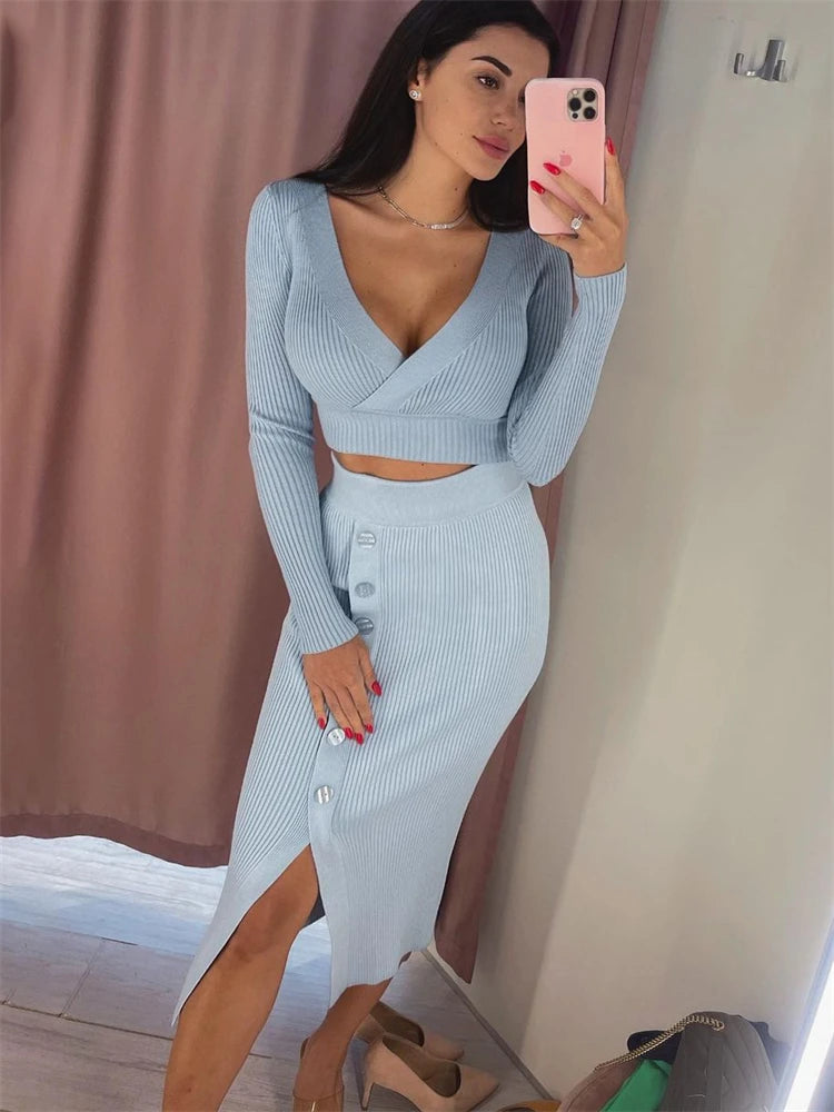 JazzHer Summer New Two Piece Set Women Outfits Casual White Crop Top And Midi Skirt Sets Wrap Bodycon Long Dress Knit Dresses Set