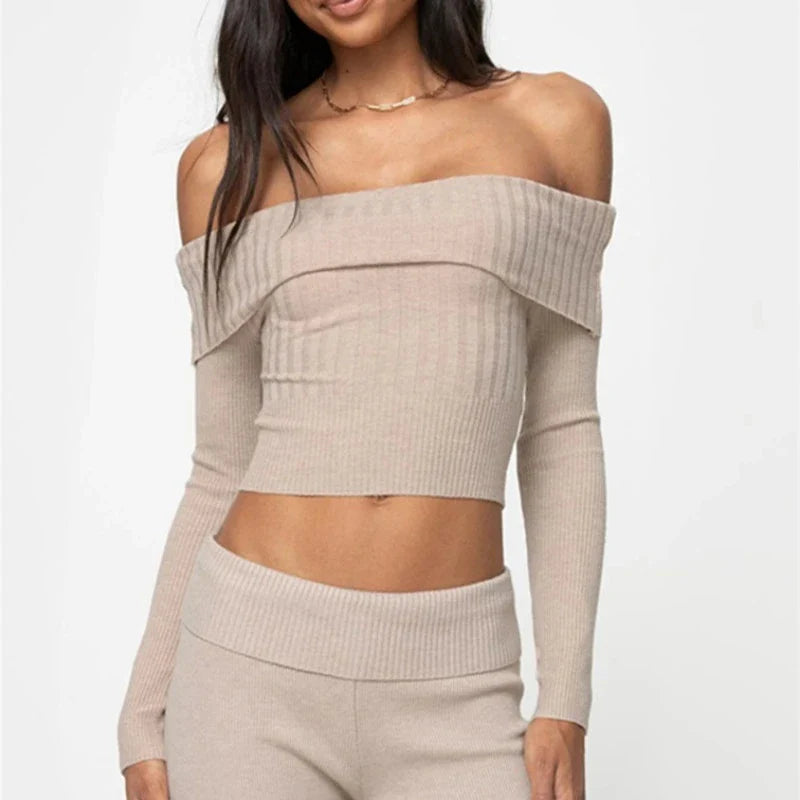 JazzHer 2024 Fall Fashion Knitted Slim Sweater Women Long Sleeve Solid Sexy Off The Shoulders Pullovers Female Street Bodycon Casual Sweaters Woman