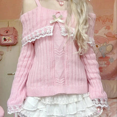 JazzHer Kawaii Lace Trim Off Shoulder Pullovers Pretty Cute Outfits Harajuku Cosplay Sweater Y2K Aesthetic Vintage Long Sleeve Jumpers