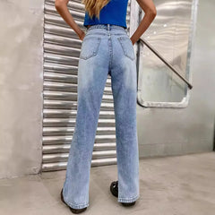 JazzHer Patchwork High Waist Denim Ankle Length Pants Women Clothing Straight Jeans Loose Fit Washed Jeans Pockets Streetwear Button