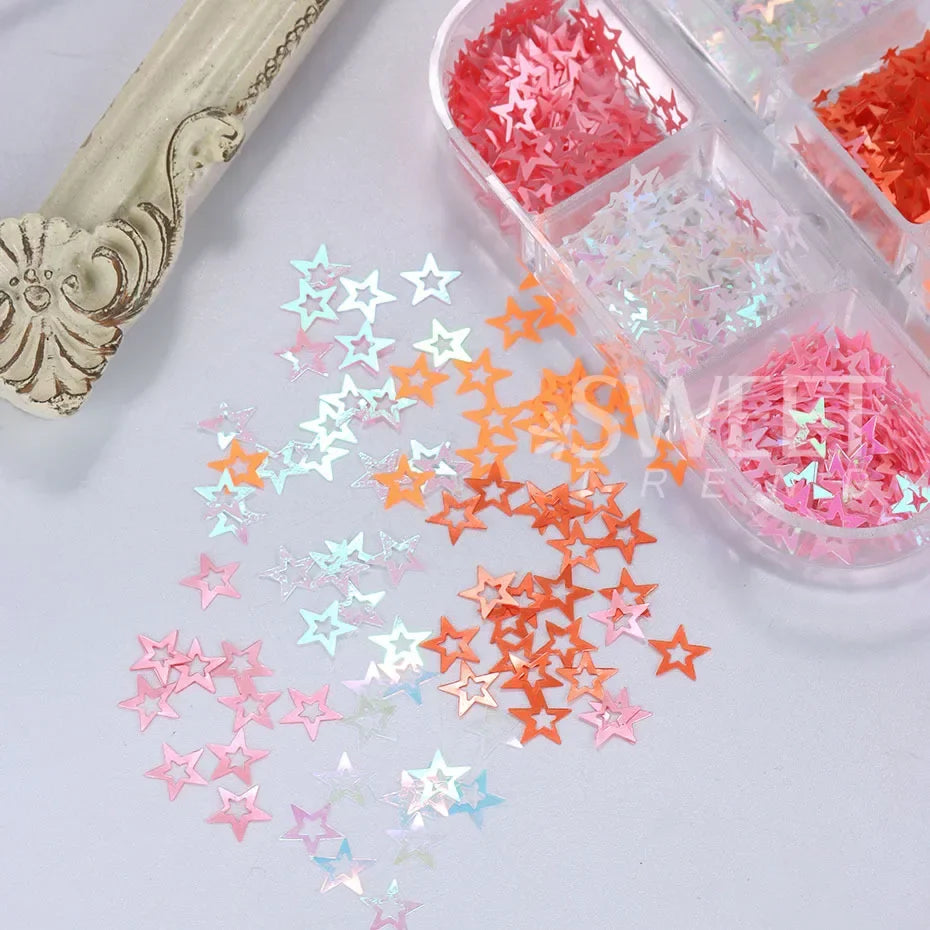 JazzHer 6 Grids Mixed 3D Star Design Nail Glitters Holographic Glitter Sequins DIY Nail Art Decoration Paillette Flakes Slices Manicure