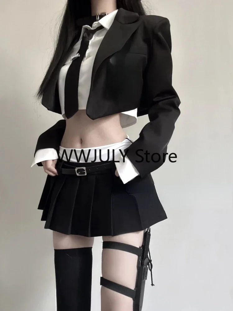 JazzHer 2024 Vintage 3 Piece Set Skirt Woman Black Short Blazers + Casual Shirt + Slim Mini Skirt Party Korean Fashion Suit Female Chic