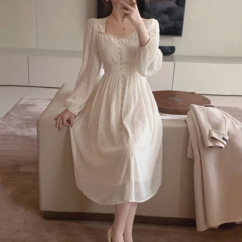 JazzHer French Vintage White Midi Dresses Women 2024 Summer New Fashion Elegant Princess A-Line Clothes Long Sleeves Party Ladies Dress