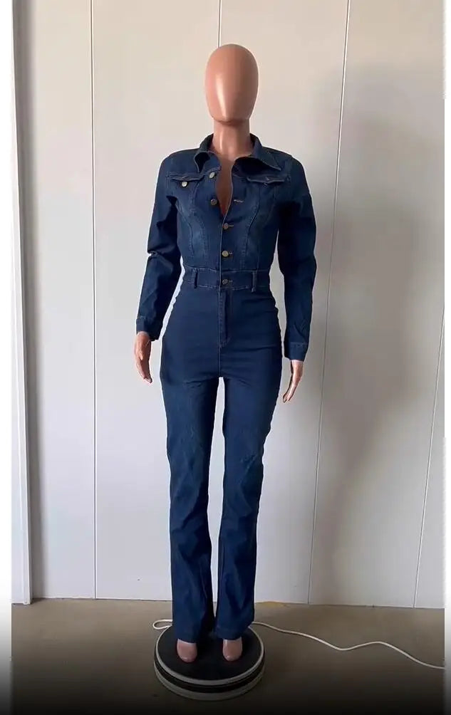 JazzHer Denim Overalls Women 2024 Jeans Lady Jumpsuit Denim One Piece Pants Long Sleeve Jumpsuits Trousers Female Rompers Streetwear