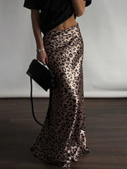 JazzHer Satin Leopard Print Long Skirt Women Fashion High Waist Maxi Fishtail Skirt Ladies Fashion With Zipper Sexy Skirts