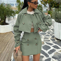 JazzHer Short Jacket Skirt Two-Piece Set For Women Retro Button Slim Splice Mini Skirt Female Autumn Streetwear Matching Sets