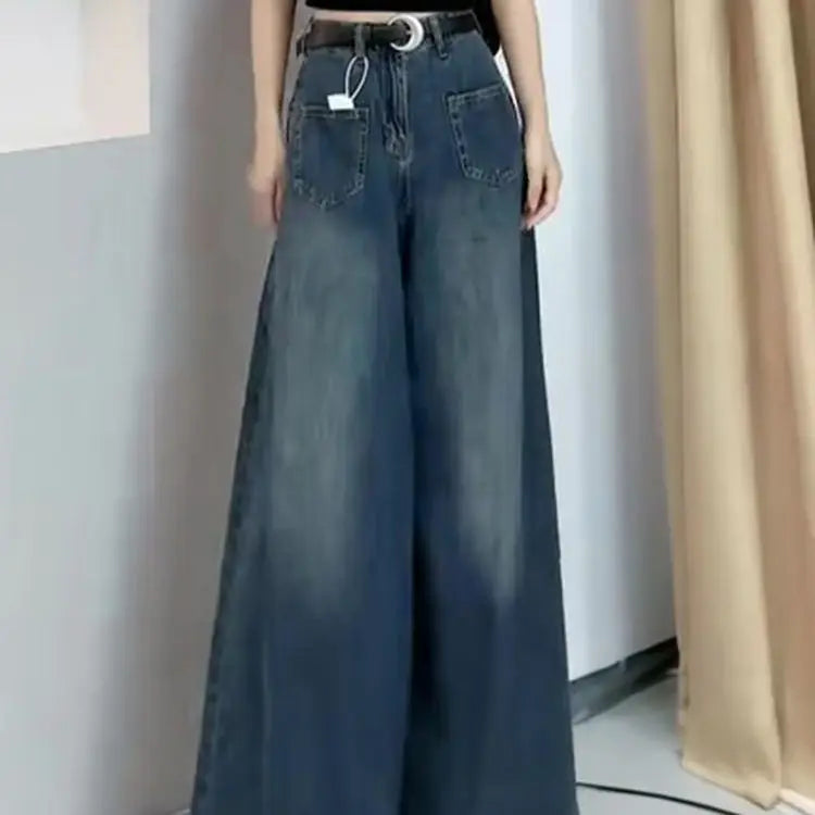 JazzHer Women Vintage Jeans Basics Wide Leg Pants High Waist Pockets Button Solid Colour Full Length Denims Casual Straight Trousers