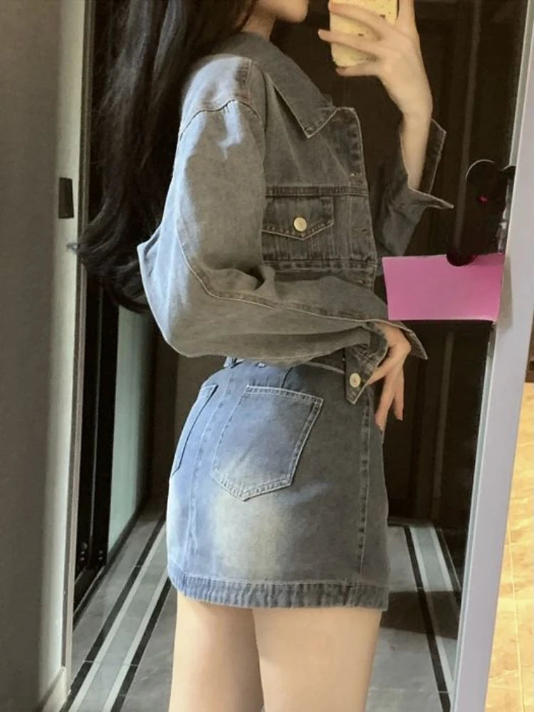 JazzHer Vintage Denim Suit Woman Slim Casual Short Cardigan + Sexy Bodycon Y2k Mini Skirt Elegant Korean Fashion Set 2024 Spring Chic