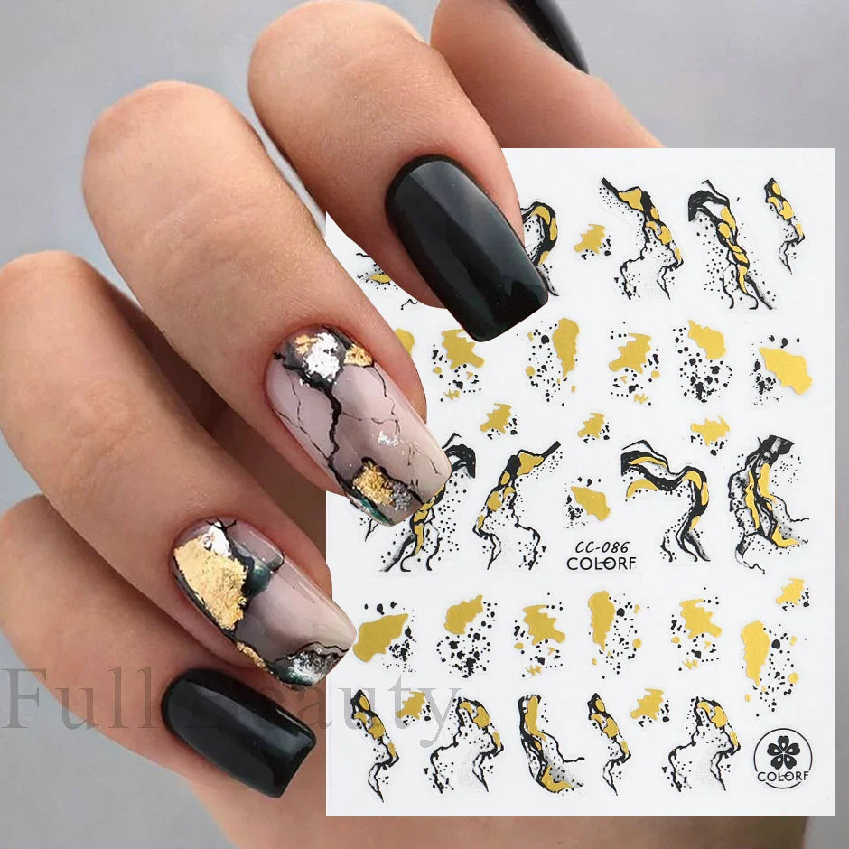 JazzHer Black Gold Marble Nail Stickers Decals Bronzing Blooming Ink Effect Gradient Mirror Foils Decorations Manicure Wraps LYCC082-090